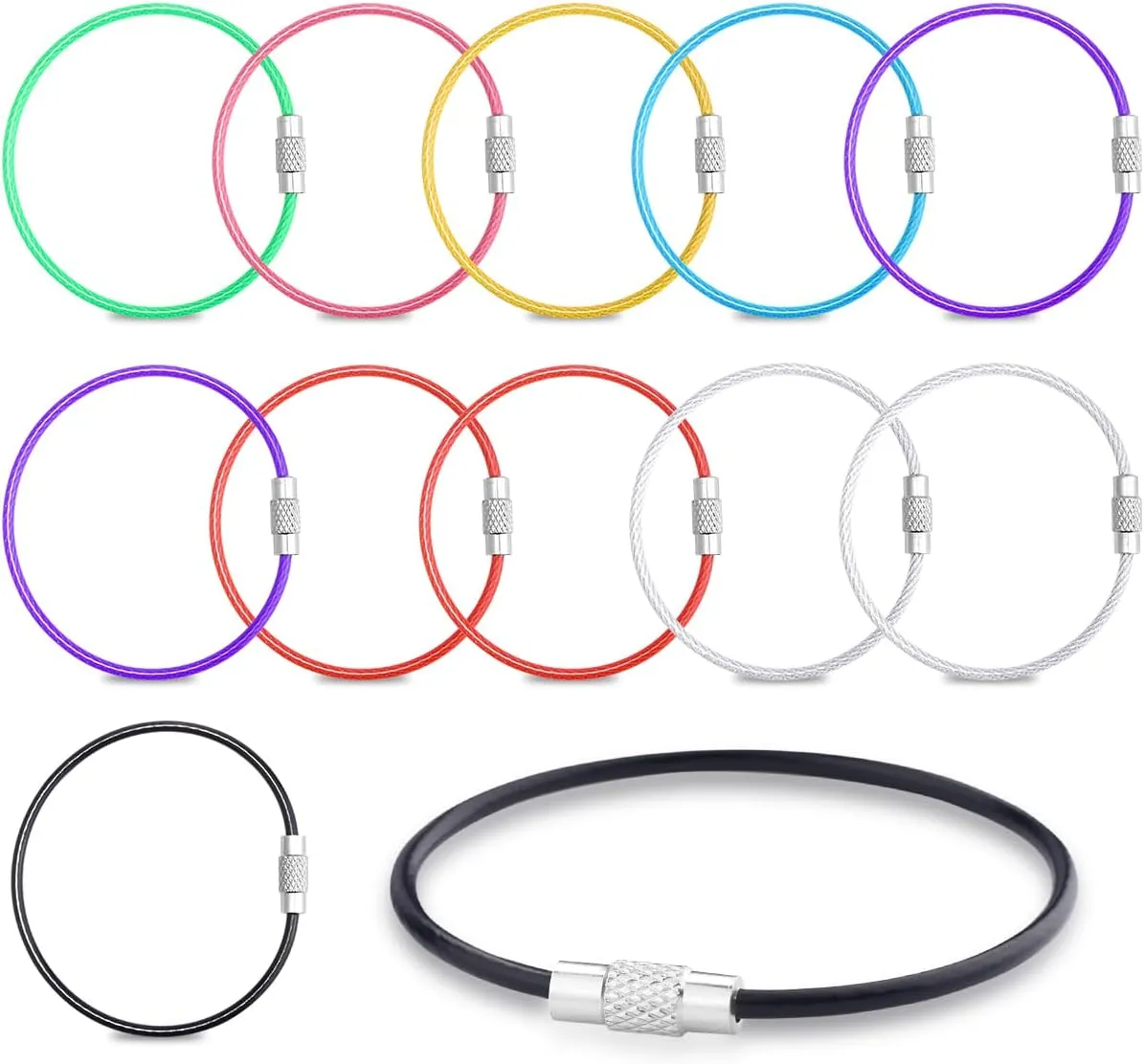 12 Pack Keychain Flexible Rubber Key Ring Luggage Tag Cable Loops Stainless Steel Wire Rings for Car Keys Chains Tag Keyring (4 inch, 2mm)