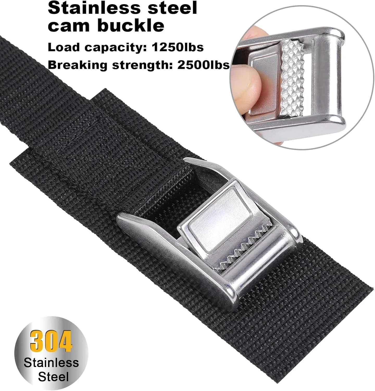 Ayaport Stainless Steel Cam Buckle Tie Down Lashing Straps 2500lbs Break Strength Heavy Duty Car Roof Rack Strap for Kayak, SUP, Surfboard, Cargo, Motorcycle, Truck, Boat, Dirt Bike