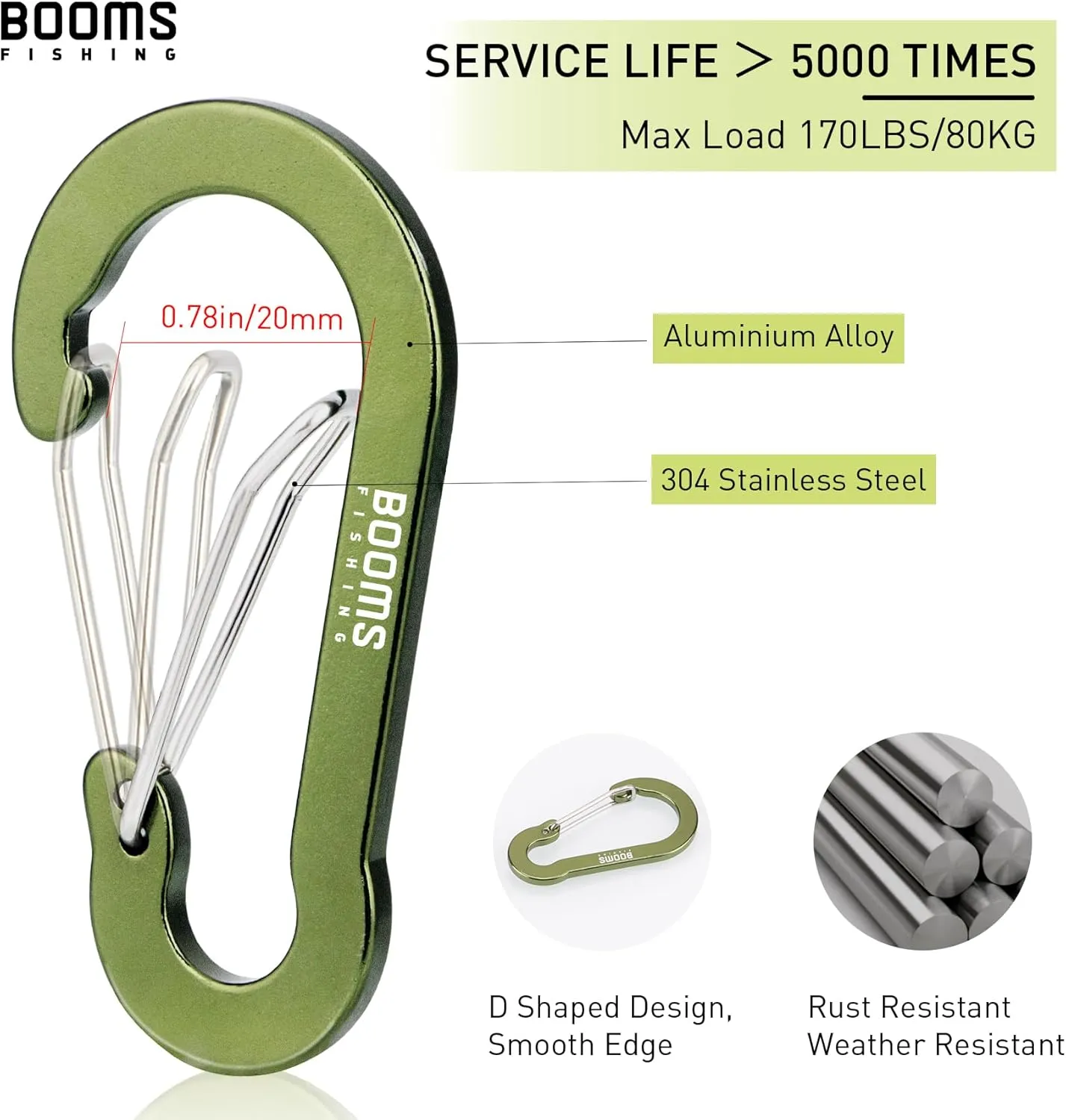 Booms Fishing CC5 Multi-Use Carabiner Clips, 10 Pack 2.7" Small Caribeener Clips, Mini Keychain Aluminum Caribeaner Clip