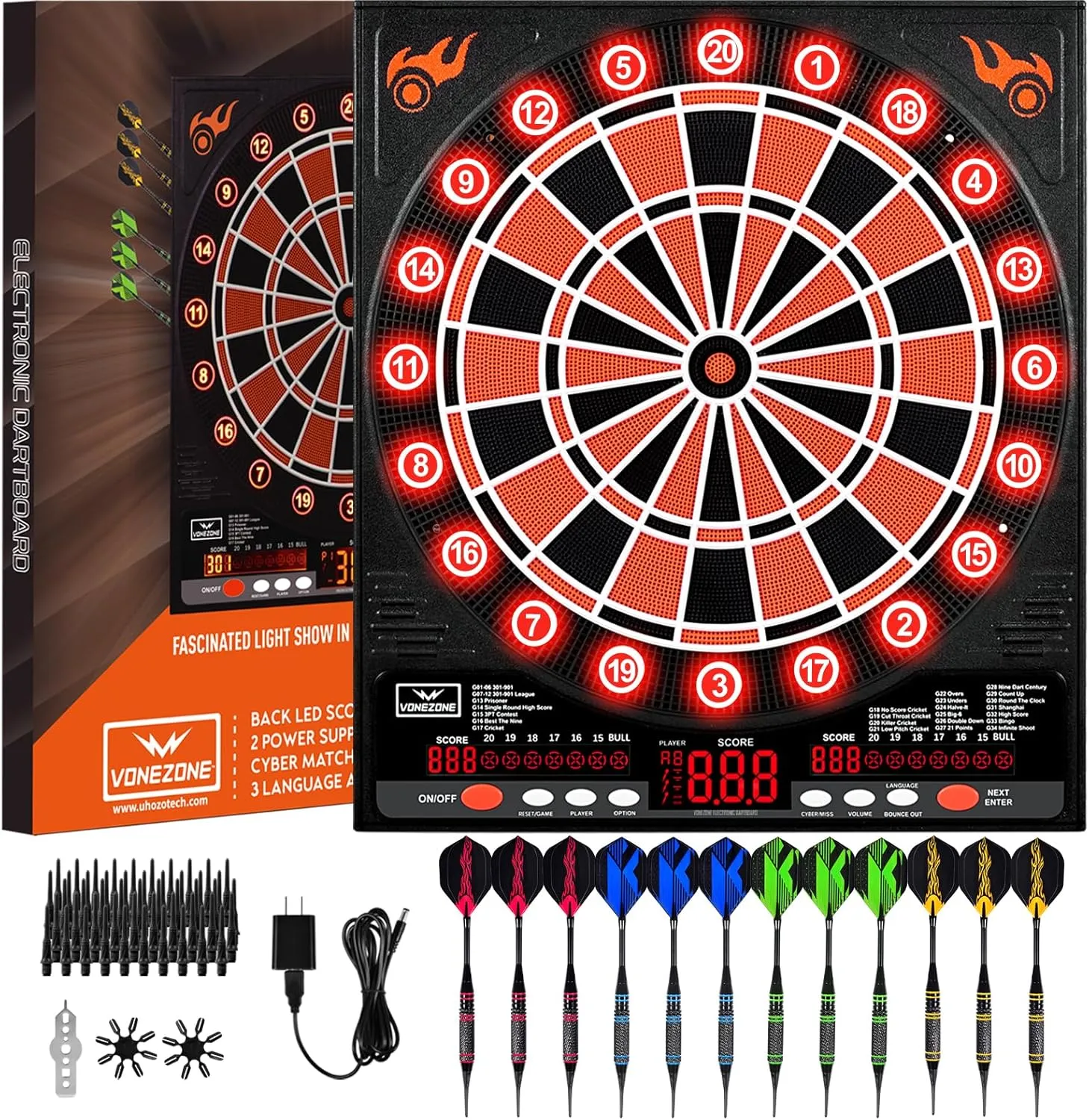 Electronic Dartboard, Electric Dart Boards for Adults,Electronic Scoreboard, Light-Up Led Display, 12 Darts Soft Tip Professional Dart Board and Extra Tips, Up to 8 Players