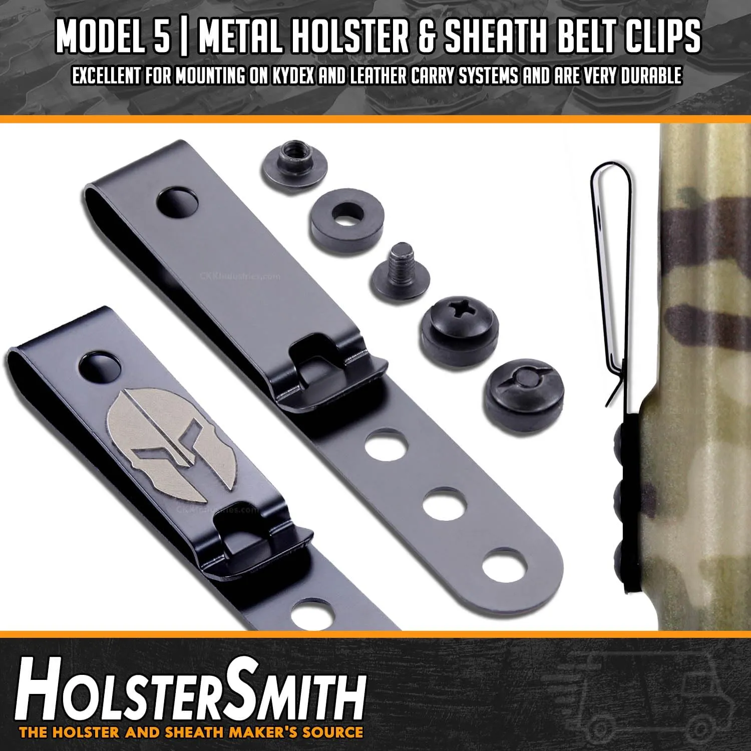 HolsterSmith Universal Metal Belt Clip for Holster Making - (Model 5) - (3-Hole) - (Tactical Black) - (w/SPTHA Mounting Hardware) - (1 Pack)