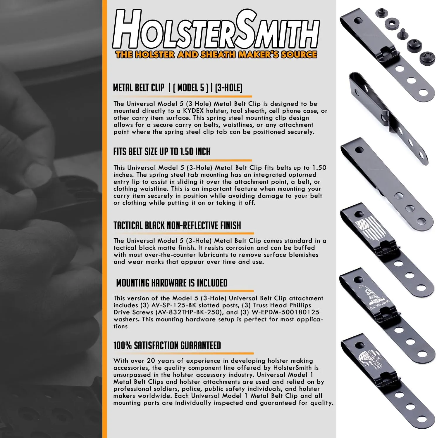 HolsterSmith Universal Metal Belt Clip for Holster Making - (Model 5) - (3-Hole) - (Tactical Black) - (w/SPTHA Mounting Hardware) - (1 Pack)
