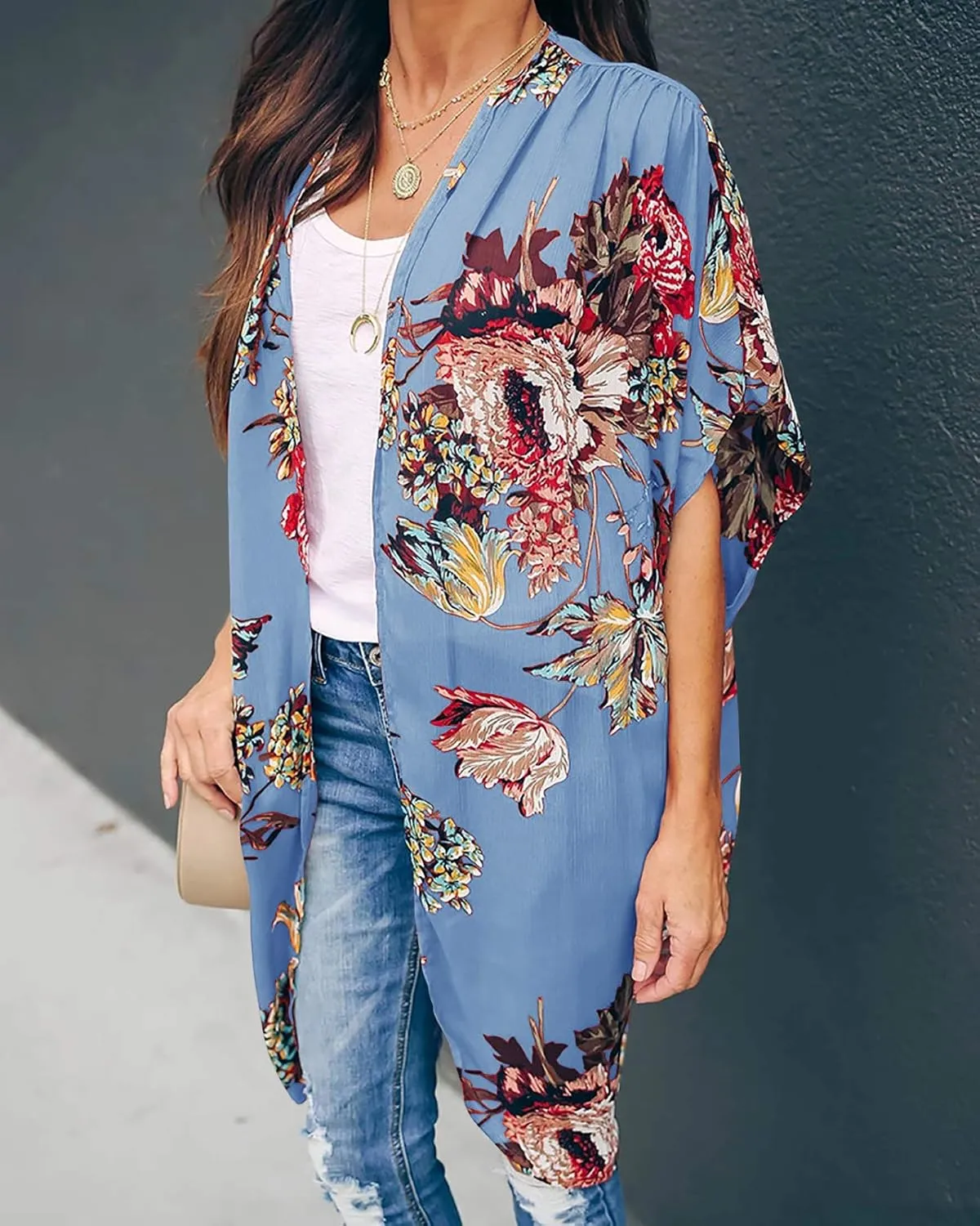 Ivay Womens Floral Kimono Duster Cardigans Short Sleeve Draped Oversized Beach Cover Up Cape