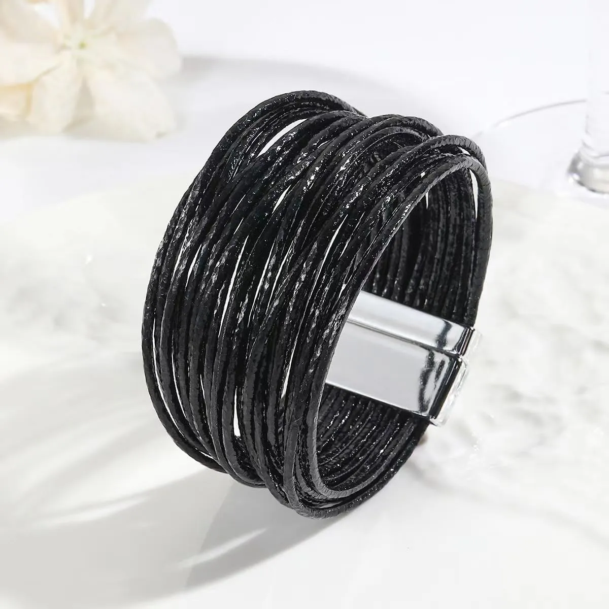 KunBead Leather Sparkly Wrap Bracelets for Women Handmade Braided Boho Multilayer Bracelet Wristband Cuff Bangle Boho Bohemian