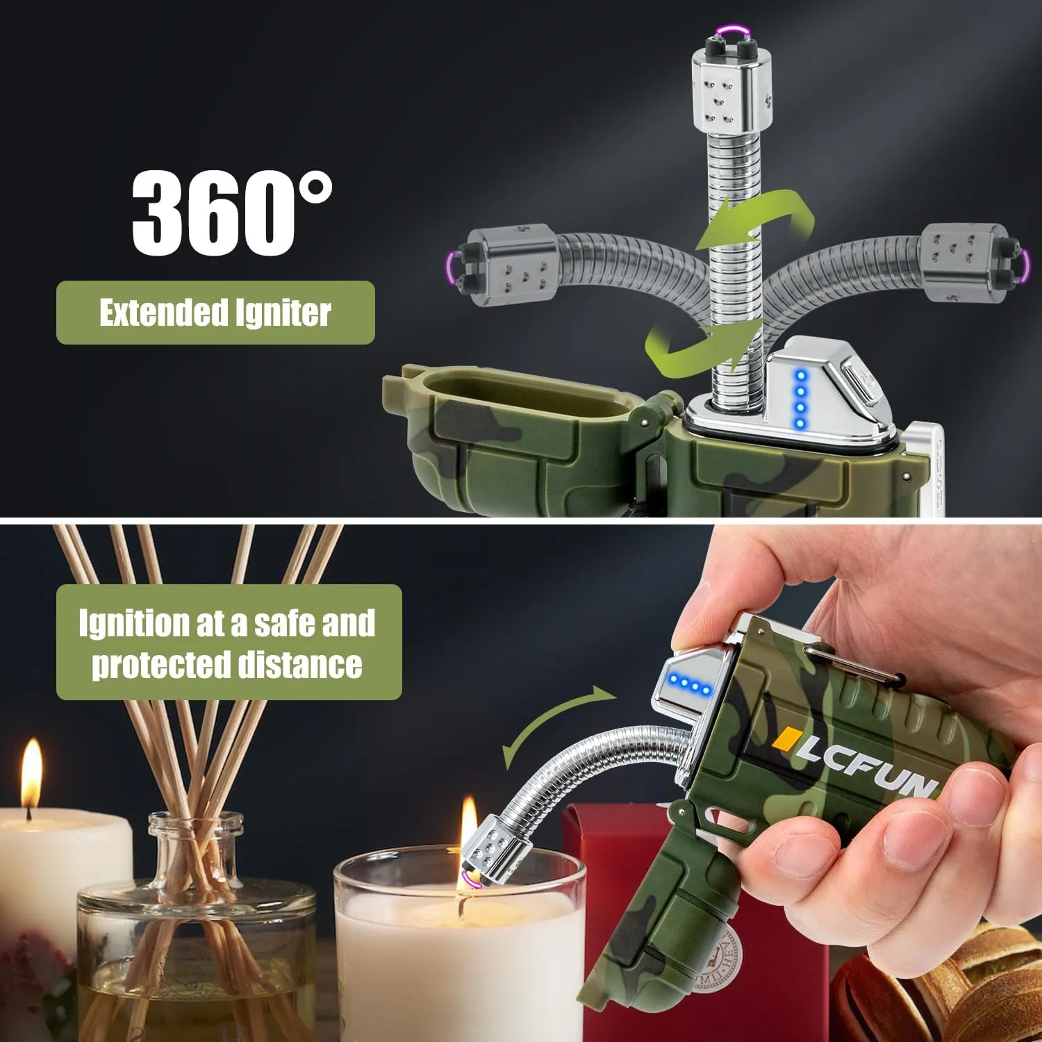 LcFun Electric Lighter USB Rechargeable Arc Lighters Windproof Plasma Lighters with LED Battery Display, Waterproof Electronic Flashlight Lighter with Whistle for Camping, Survival Tactical Gear