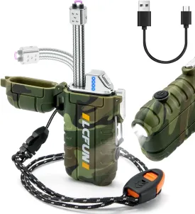 LcFun Electric Lighter USB Rechargeable Arc Lighters Windproof Plasma Lighters with LED Battery Display, Waterproof Electronic Flashlight Lighter with Whistle for Camping, Survival Tactical Gear