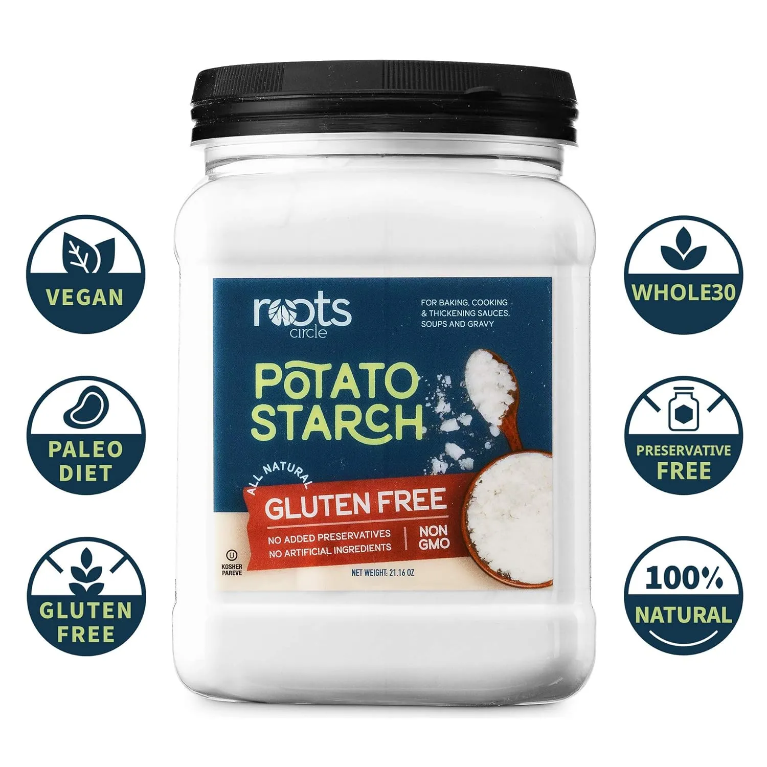 Roots Circle Gluten-Free Potato Starch | 2 Pack of 21oz Jars | No Preservatives or Artificial Ingredients | Kosher for Passover Thickener for Soups Stews, Gravies & Sauces