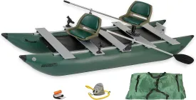 Sea Eagle 375fc FoldCat 1-2-Persons Inflatable Fishing Pontoon Boat, Lightweight & Portable, w/2 Green Swivel Seats, Pedestal, Oar Set, Scotty Rod Holders, Boat Bag, & Pump