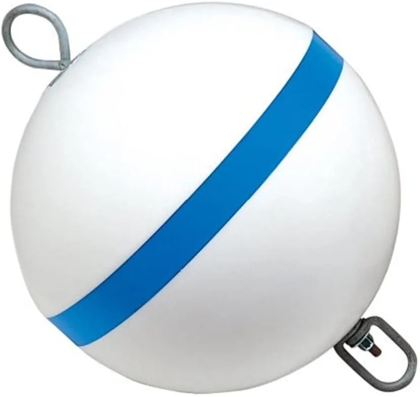Taylor Made Sur-Moor Mooring Buoy, White 24" Ball with Reflective Blue Stripe, Hot-Dipped Galvanized Steel Hardware - 22174