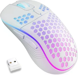 Wireless Gaming Mouse Honeycomb 2.4G USB Cordless Mouse RGB Rechargeable PC Game Mice with 7-Color LED Lights3 Adjustable DPI for Windows Laptop Desktop Computers -White